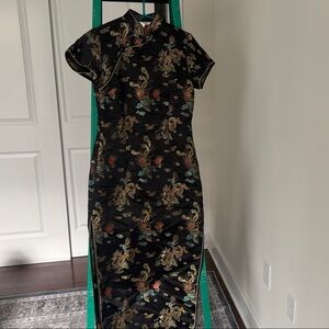 Black Satin Floral Dragon Cheongsam Dress